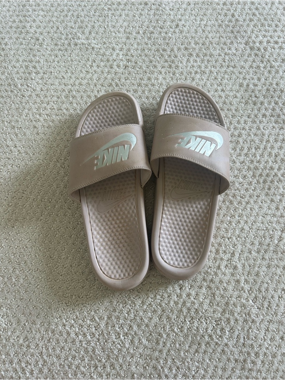 Nike Slide Sandals in Taupe with Iridescent Logo